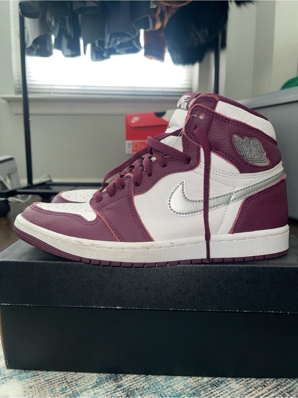 Jordan 1 Mid Burgundy and White with Silver Swoosh